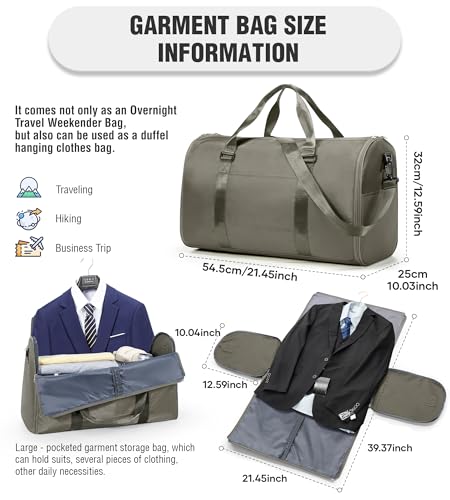 VECAVE Convertible Garment Duffle Bags for Travel, Carry On Garment Bag for Women Men 2 in 1 Hanging Suit Bag, Large Weekender Bags for Business Trip Wedding Hanging Clothes Green4