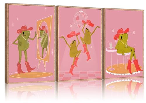 WYHLMTQ 3 Pcs Pink Frog Wall Art Cute Dancing Cowgirl Shoes Wall Decor Preppy Disco Ball Canvas Poster Print Picture Painting Artwork for Dorm, Dressing Room, Girls Bedroom, Living Room, Powder Room