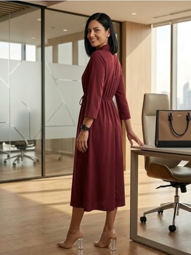 Image of Varanga Women A-Line Maxi Cotton Dress | 3 /4 Sleeve V-Neck | Cinched Waist Detailing | Lightweight & Breathable | Effortlessly Stylish Casual Wear