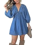 utcoco Denim Dress for Women Puff 3/4 Sleeves V Neck Swing A Line Cute Babydoll Mini Jean Dresses for Women 2025 (Large, Blue)