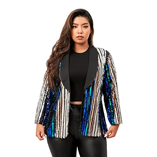 IWFEV Plus Size Sequin Blazer Three-Quarter Sleeve Jacket Color Block Coat Shawl Collar Women's Casual Top 4XL Multicoloured