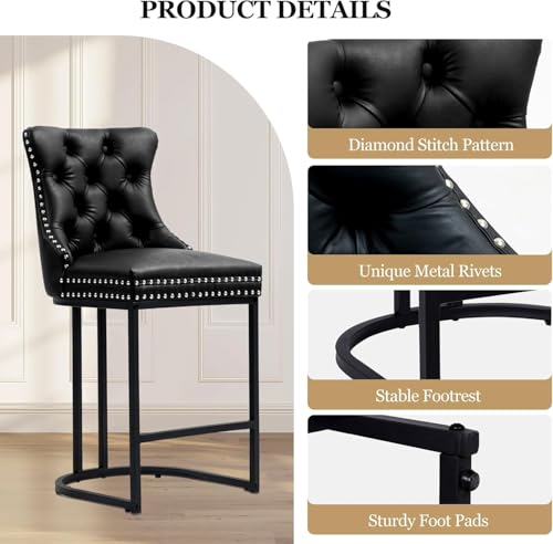 Image of UVV Counter Height Bar Stools Set of 6, 26 inch Modern Barstools with Back, Faux Leather Upholstery Counter Chairs with Metal Legs for Kitchen Island, Bar, Counter, Black