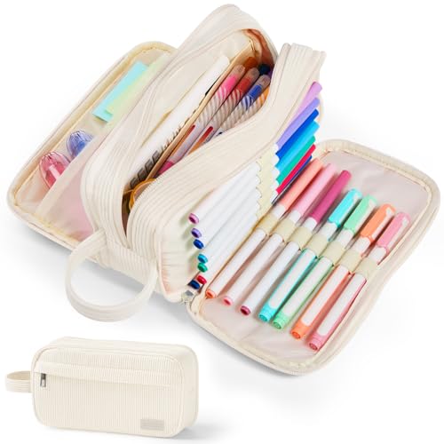 Image of Sooez High Capacity Pencil Case, Soft Corduroy Pencil Pouch with 4 Compartments, Multiple Pockets, Large Pencil Bag with Sturdy Zipper, Cute Pencil Case Pouch Organizer for Student Teen Girls, Beige