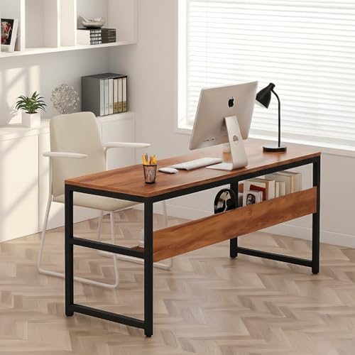 Image of TEKAVO Flam Computer Table for Home Pc I Office Table for Home I Lower Shelf | Brown Wood | Metal (120 Cm x 60 Cm x 75 Cm) DIY