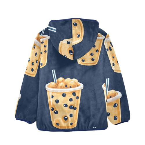 Cartoon Tapioca Boba Tea Girls Fleece Jacket Girls Fall Jacket Girls Zip Up Hoodie Girls Sherpa Jacket 2-10T2