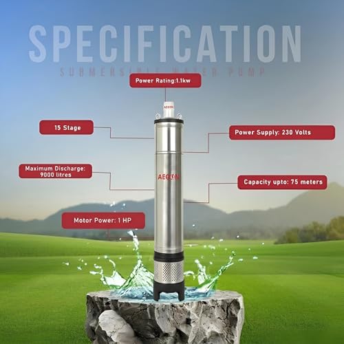 Image of AEGON HydroMax 1 HP Borewell Submersible Pump | 10 Stage Oil Filled Motor | 4 Inch Deep Well Water Pump | 42m Head, 83 LPM Flow | Copper Winding | For Home, Agriculture & Irrigation