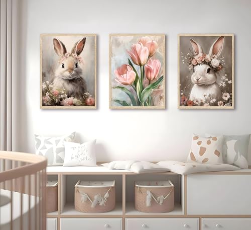Image of FJKLRP 3pcs Pink Bunny Canvas Prints Wall Art 12x16 inches Unframed