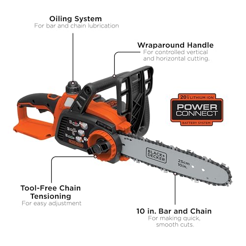 BLACK+DECKER 20V MAX Chain Saw Cordless Chainsaw, 10-Inch Battery Chainsaw, Tool Only, for Wood Cutting and Tree Pruning, Includes Guide Bar Scabbard (LCS1020B)