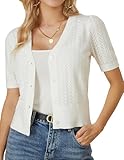 Womens Short Sleeve Bolero Shrug Sweater Soft Crochet Crop Cardigan V Neck Button up Summer Tops Casual Business Ivory S