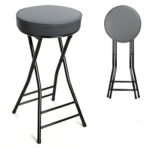 Image of Folding Bar Stool,24 Inch Tall Foldable Stool Chair,Counter Height Cushioned Leather Padded Portable Stools,Heavy Duty Collapsible Stools for Kitchen Island Garden Camping Grey