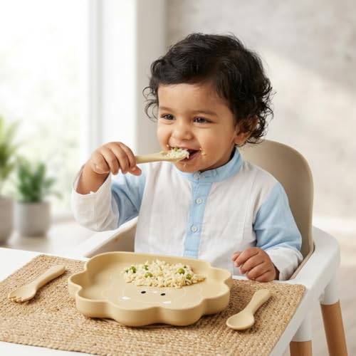 Image of TIGGY & BONNET Lion 2 Pcs Silicone Baby Feeding Set for Baby Bpa-Free | Microwave Safe, Anti-Slip Base | Tableware Kit for Babies & Toddlers with Suction Plate & Spoon