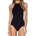 LAPAYA Women's Bathing Suit Scalloped High Neck Halter Backless 1 Piece Swimsuit, Black, Tag Size S=US Size 4-6