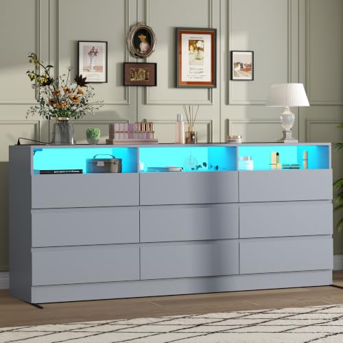 Image of Loomie 63 inch Wide 9 Drawer Dresser for Bedroom with LED Lights & Power Outlet