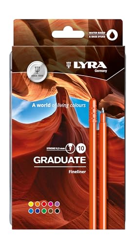 Lyra Graduate Synthetic Fine Tip Fineliner, 10 Pieces in Assorted Colours, Ideal for Students and Schools