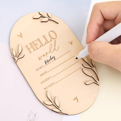 Image of Baby Announcement Sign for Newborn, 5.9 Inch Hello World Wooden Newborn Sign Boys Girls Birth Announcement Board Welcome Name Plaques for New Baby Photo Prop Nursery Hospital