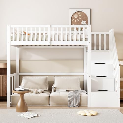 Hochbett 90x200, Etagenbett mit Treppe, Kinderbetten Stauraumbett Einzelbett Bettgestell aus Kiefernholz, Funktionsbett Stockbett Jugendhochbett mit Rausfallschutz und Lattenrost, ohne Matratze, Weiß