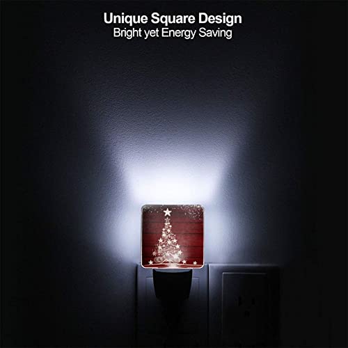 Image of Winter Snowflake Pine Red Christmas Tree Wood Night Light Set of 2, Christmas Auto Sensor LED Dusk-to-Dawn Nightlights, Plug-in Sensor Lamp for Bedroom Bathroom Kitchen Hallway Stairs Decorative