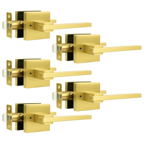 Image of Orger 5 Pack Gold Privacy Door Handles Square Keyless Door Lever, Interior Door Handle for Bathroom and Bedroom, Modern Door Handle Sets Stainless Steel