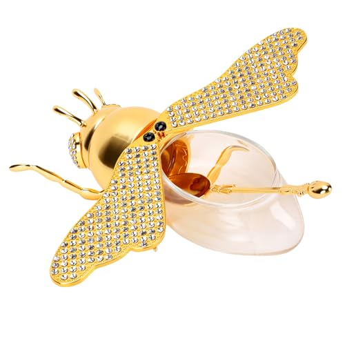 TOPINCN Contenedor de Miel, Tarro de Miel de Vidrio con Diseño de Colmena, Estructura de Vidrio de Borosilicato Equipado con Tapa Hermética con Alas y Cuchara de Metal a (Estilo de diamantes de