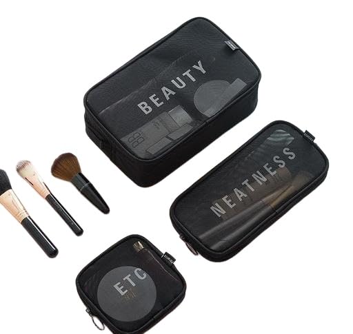 (ONLY POUCHES) Travel Nylon Mesh Makeup Bags Set 3 Pieces See Through Zipper Pouch Travel Cosmetic And Toiletry Kit Organizer Bag 3 Pack Of S M L 3-in-1-mkup-nvyblu-09-14 SB-P9290