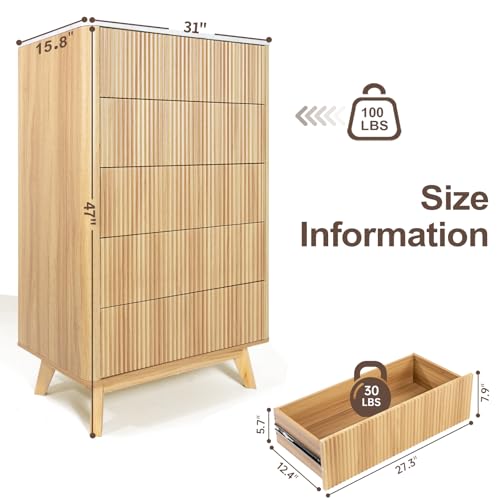 Image of Airynee Fluted 5 Drawers Dresser for Bedroom, 47 inch Tall Handleless Chest of Drawers with Faux Marble Top, Curved Profile Design, Wood Drawer Organizerfor forLiving Room, Hallway, Entryway, Natural Oak