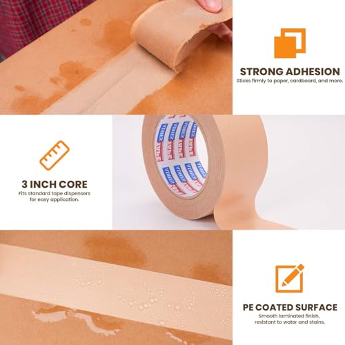Image of ADHES Coated Kraft Packing Tape with Dispenser, 2 Inch x 55 Yards | Heavy Duty Water Resistant Kraft Paper Tape for Shipping, Moving, Packaging & Carton Sealing, 24 Rolls