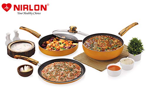 Image of Nirlon Orange Flamy 4-Piece Aluminium Non Stick Dishwasher Safe Cookware Gift Set with Glass Lid (Compatible with All Gas & stovetops Only)