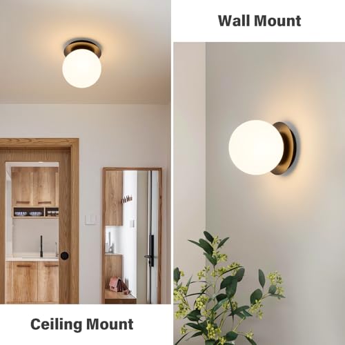 Image of Modern Black Globe Wall Sconce,Single Light with Milk Glass Shade | 6 inch Minimalist Spherical Vanity Sconces,Contemporary Small Brass Ball Lights Fixture for Entryway Bedside Bathroom,E26 Base