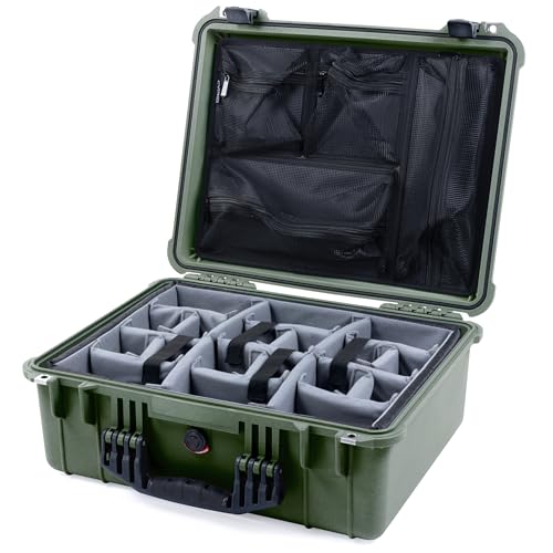 Pelican 1550 Case by ColorCase - OD Green - Medium Size Waterproof Case with Grey Padded Dividers & Mesh Lid Organizer - Black Handles & Latches
