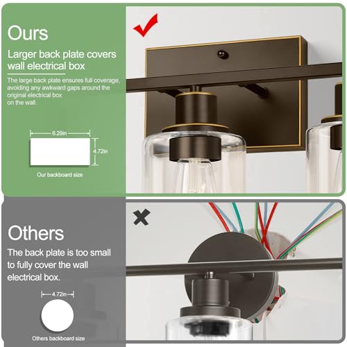 Image of Indoi 3-Light Bathroom Light Fixtures, Oil-Rubbed Bronze Modern Vanity Lights with Clear Glass Shades, Bathroom Wall Lamp for Mirror Living Room Cabinet Bedroom Porch