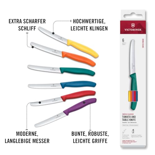 Victorinox Swiss Classic, Frühstücksmesser, Brötchenmesser Set 6teilig, Scharfe Klinge, Wellenschliff, 11 cm, Rostfreier Stahl, Farbig