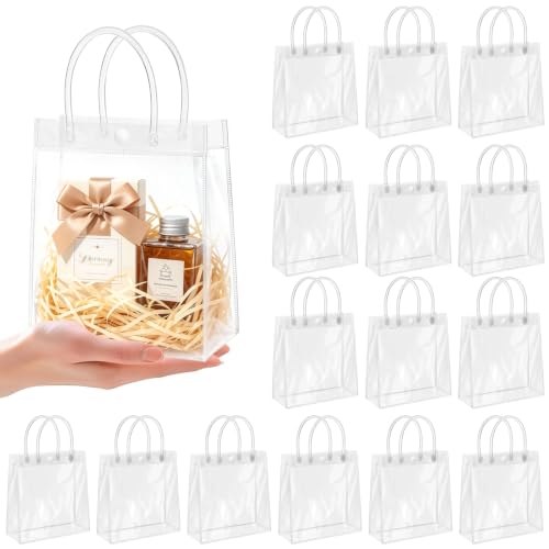 Okxiri 15 PCS Clear PVC Gift Bags with Handles Small Reusable Plastic Party Favor Bags Transparent Goodie Bags for Wedding Baby Shower Birthday (6.1 x 6.1 x 2.7)