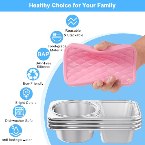 Image of Stainless Steel Snack Containers, 2 Compartment Leak-Proof Snack Containers with Sillicone Lids, Reusable small Food Storage Containers for School,Travel, Outdoor, Camping,office (2)