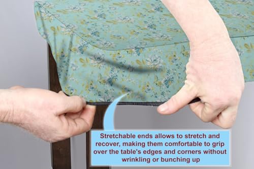 Image of The Furnishing Tree Elastic Cotton Rectangular Dining Table Cover 36x63 in Inches Floral Golden Leaf on Blue Base