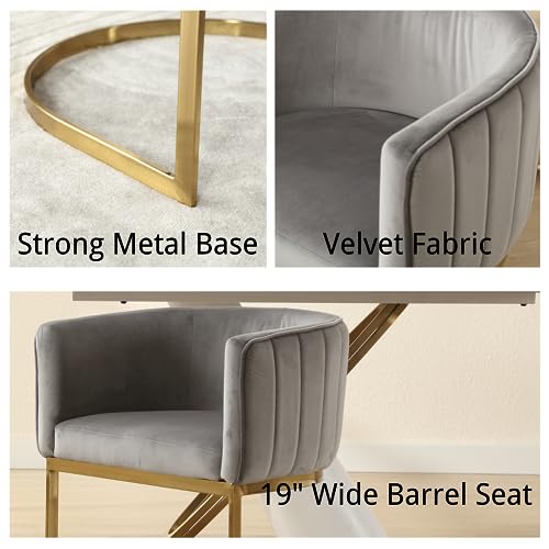 DM Furniture Modern Velvet Dining Chairs Set of 4 Contemporary Kitchen & Dining Room Chairs with Arms Upholstered Barrel Metal Frame 22" Wide Accent Chairs for Bedroom/Living Room, Grey