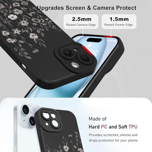 Image of Designed for iPhone 15 Case Flower for Women Girls, Black | Cute Floral Pattern Liquid Silicone Phone Case [Full Camera Protection] Slim Soft TPU Protective Cover