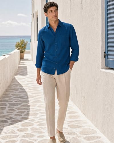 Image of Nobero Breezy Premium Linen Cotton Shirt for Men | Stylish Casual Shirts for Men | Semi Cut Collar | Box Pleat | Curved Hem | Regular Fit | Full Sleeve | S-XXXL