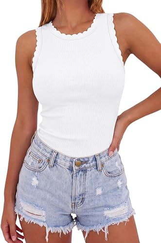 Sampeel Womens Tank Tops Sleeveless High Neck Workout Ribbed Slimming Fitted Camisole Scalloped Cute Summer Fashion Trendy Vacation Outfits Dressy Clothing White L