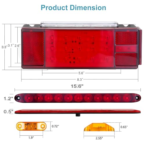 VINAUO Boat Trailer Lights, LED Submersible Trailer Light Kit with Wiring Harness Kit, Amber Marker Lights, White Reverse & Brake Lights, 15.6" 3rd ID Bar for Over 80" RV Truck Camper by VINAUO - Image 2