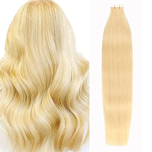 Tape in Hair Extensions Human Hair, #613 Bleach Blonde Remy Seamless Skin Weft Straight Double Sided 20inch 50g 20Pcs Tape In Hair Extensions Human Hair