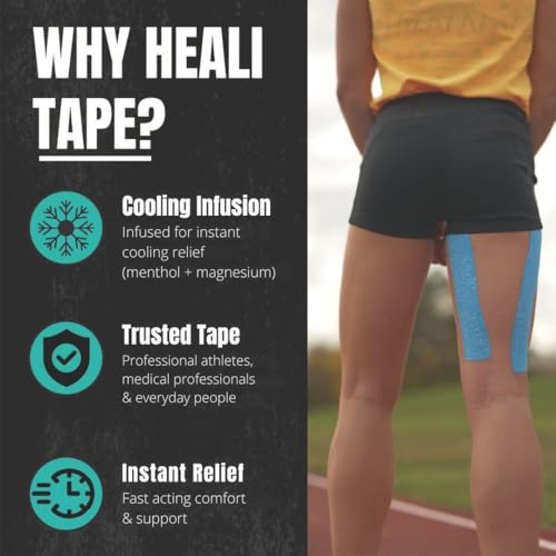 Image of Heali Kinesiology Tape with Magnesium and Menthol, 20 Pcs Precut Strips, K Tape Roll, Knees, Physical Therapy Sports Tape for Muscles and Joints, Water Resistant, Blue Inspo