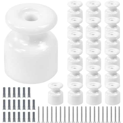 ZXBBTZ 20PCS Aisladores de Porcelana para Cable Trenzado Ø19 mm, Abrazadera Cable Porcelana, Aisladores de Ceramica Blanco, Aislante dePorcelana con Tornillos y Tacos para Seguridad deCable Eléctrico