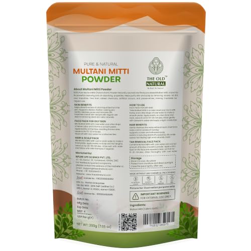Image of The Old Natural Multani Mitti Powder 200g | 100% Pure & Natural Fuller's Earth | Deep Cleansing Face Pack for Skin & Hair Care | Controls Excess Oil, Removes Impurities & Enhances Natural Glow