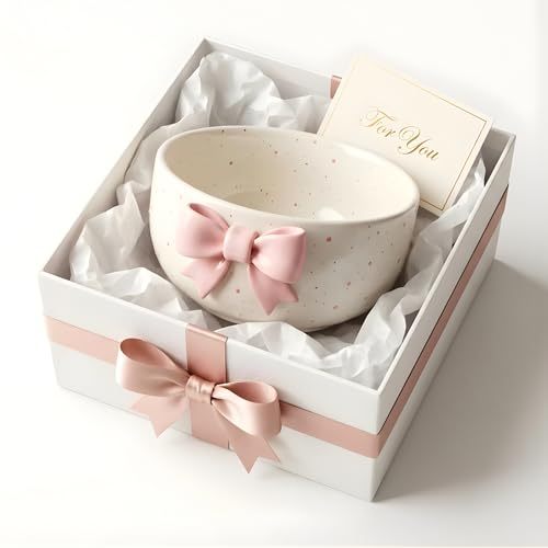 Image of Handmade Aesthetic Ceramic Bowl with 3D Pink Bow, 450ml Cute Breakfast Bowl for Cereal, Soup, Noodles, Desserts, Food-Safe Premium Ceramic Adorable Kawaii Bowl
