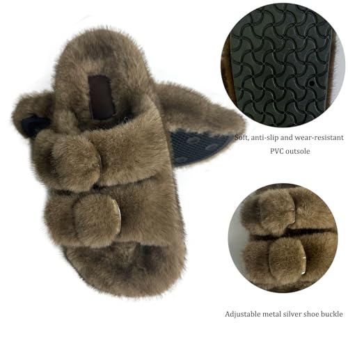 fuzzy slippers for women open-toe Faux fur slides Double strap Adjustable buckle home fluffy sandals for women indoor and outdoor Plush shoes4