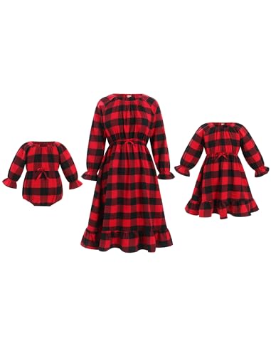 Mommy and Me Christmas Dresses Long Puff Sleeve Black White Green Red Black Buffalo Plaid Ruffle Dress Fall Winter Xmas Holiday Party Collect Waist Mom Daughter Matching Outfits Red 9-12 Months