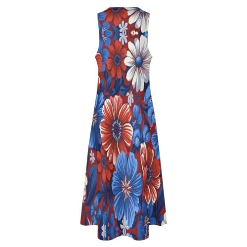 Robe longue imprimé fleurs ethniques col V et coupe trapèze bleu