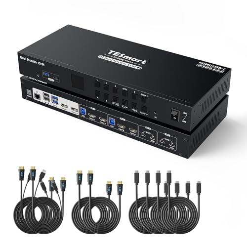 TESmart KVMスイッチ DisplayPort+HDMI 2入力2出力 2 ポート デュアルモニター KVM スイッチ HDMI+DP 4K60Hz USB3.0 EDID