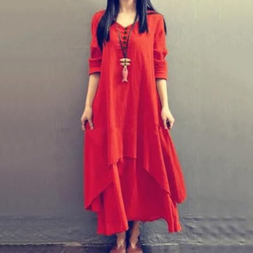 Damen Lagenkleid aus Leinen, Vintage-Stil, lockerer Bademantel für entspannte Frühlings- und Sommerkleidung (XXL Weinrot)
