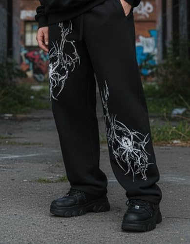 Image of Aesthetic Gothic Wide Leg Pants for Men | Tribal Print Baggy Streetwear | Oversized Track Pants with Elastic Waist | Black and White Relaxed Fit Bottoms